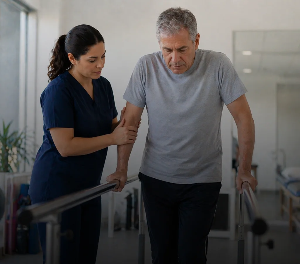 Rehabilitation specialist helping a patient walk